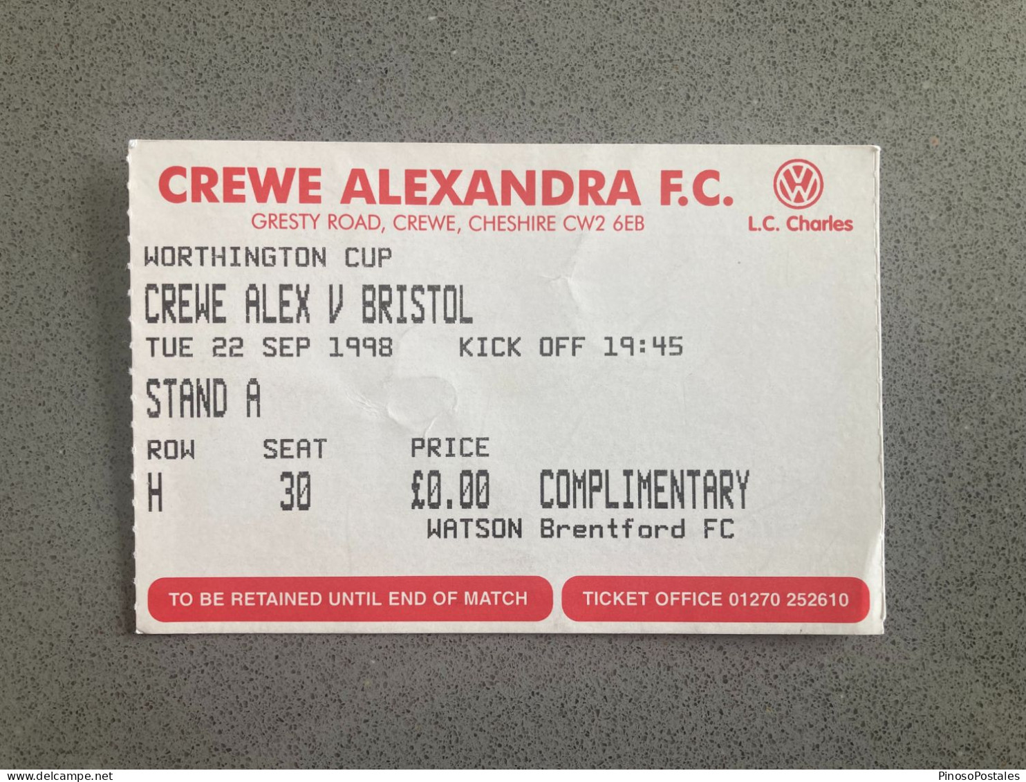 Crewe Alexandra V Bristol City 1998-99 Match Ticket - Tickets - Entradas