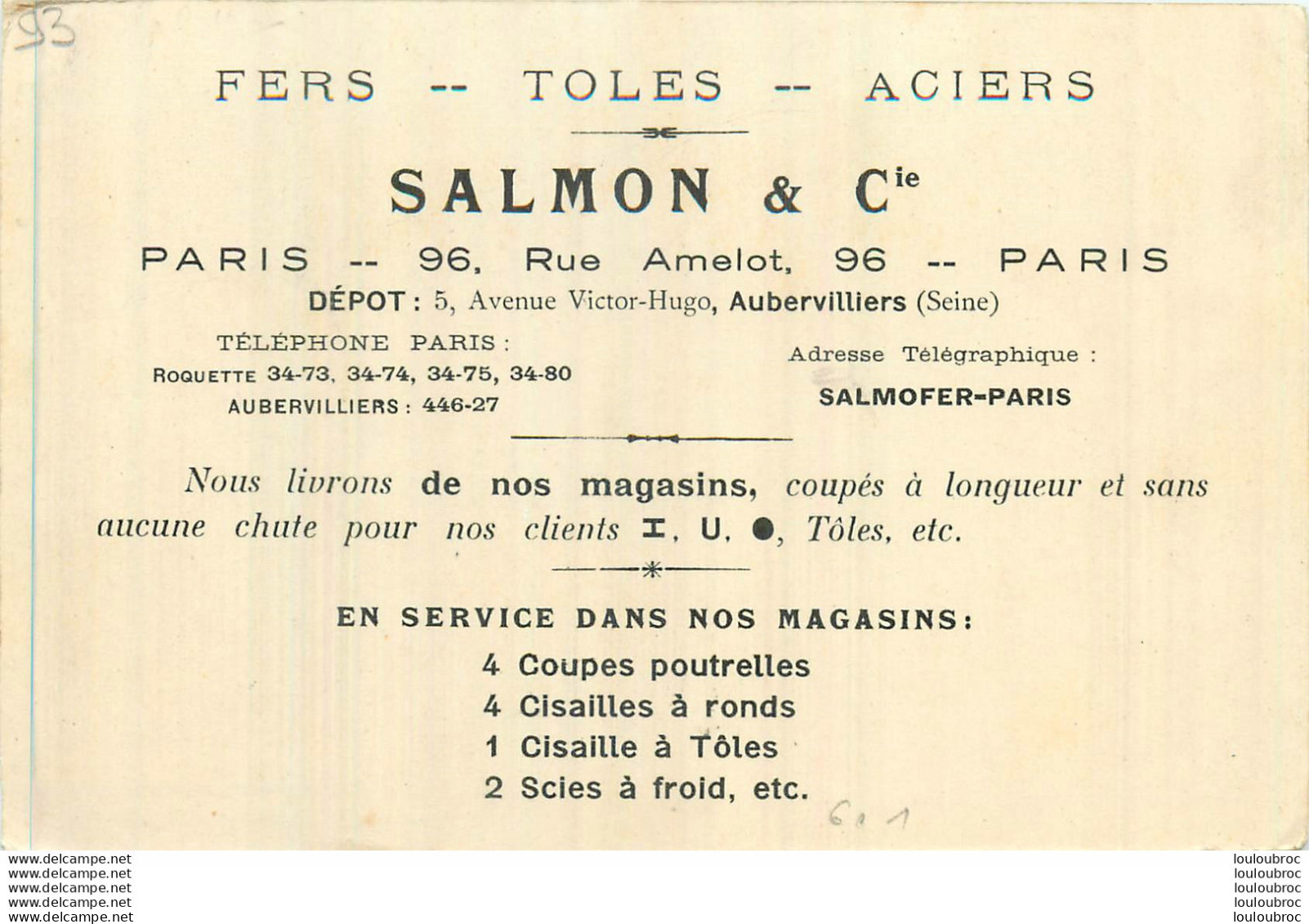 PARIS XIe SALMON ET CIE  FERS TOLES ACIERS 96 RUE AMELOT - Paris (11)