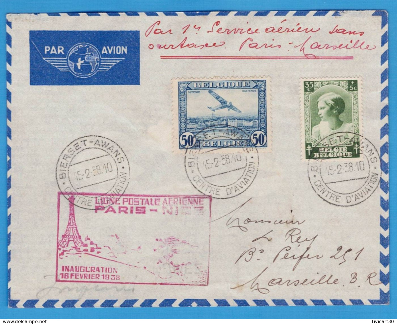 LETTRE PAR AVION DE 1938 - BRUXELLES (BELGIQUE) POUR MARSEILLE - OBLITERATIONS BIERSET-AWANS AVIATION - LIGNE PARIS NICE - Cartas & Documentos