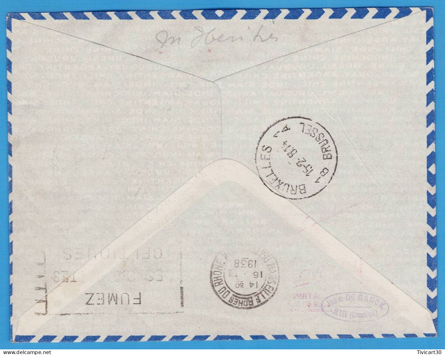 LETTRE PAR AVION DE 1938 - BRUXELLES (BELGIQUE) POUR MARSEILLE - OBLITERATIONS BIERSET-AWANS AVIATION - LIGNE PARIS NICE - Storia Postale