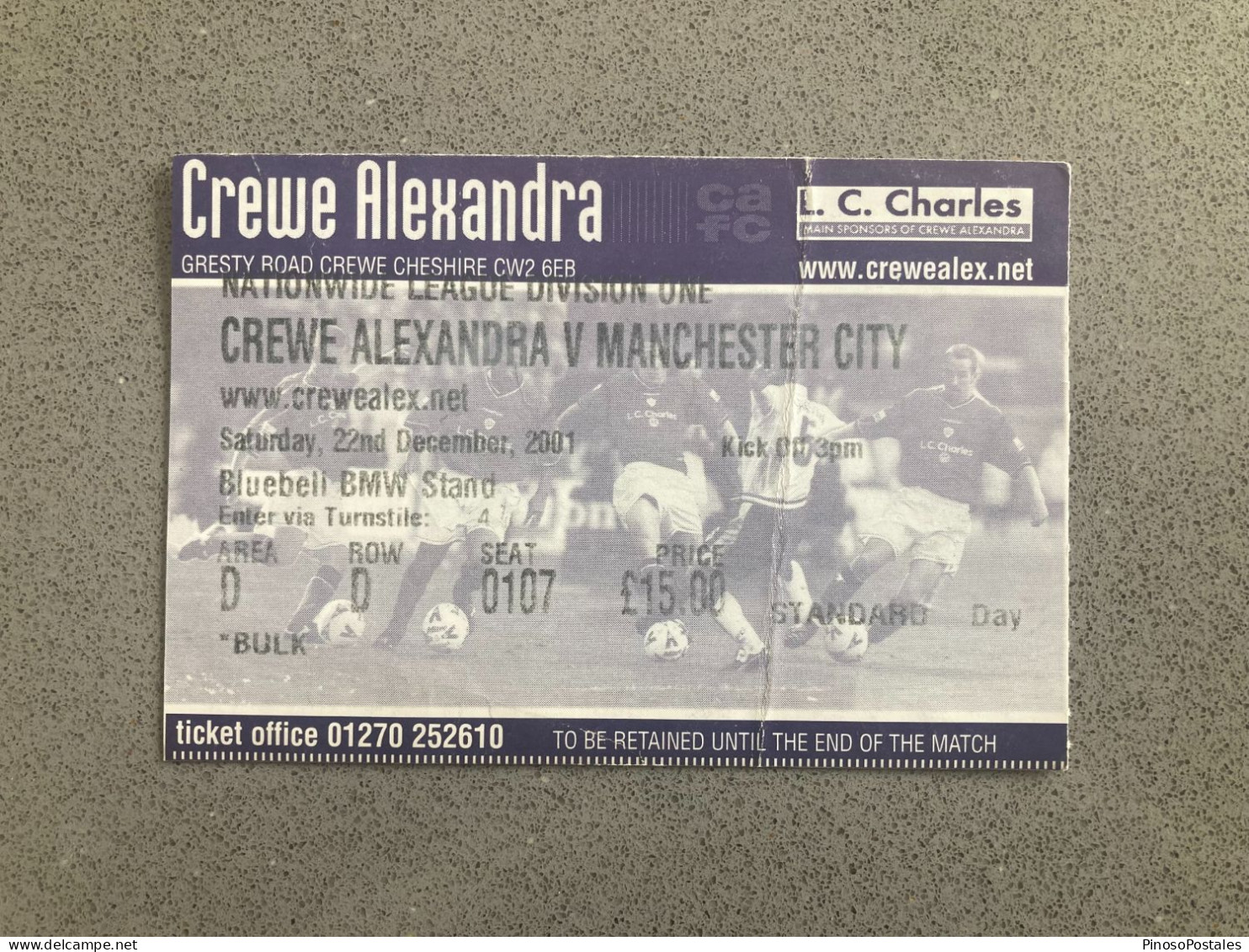 Crewe Alexandra V Manchester City 2001-02 Match Ticket - Tickets & Toegangskaarten