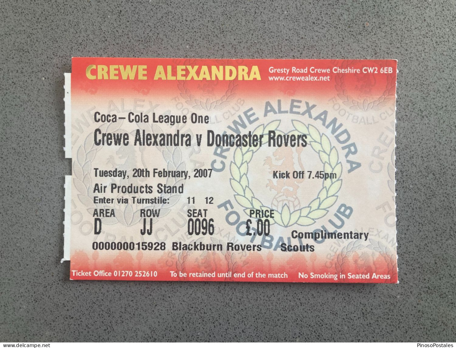 Crewe Alexandra V Doncaster Rovers 2006-07 Match Ticket - Match Tickets