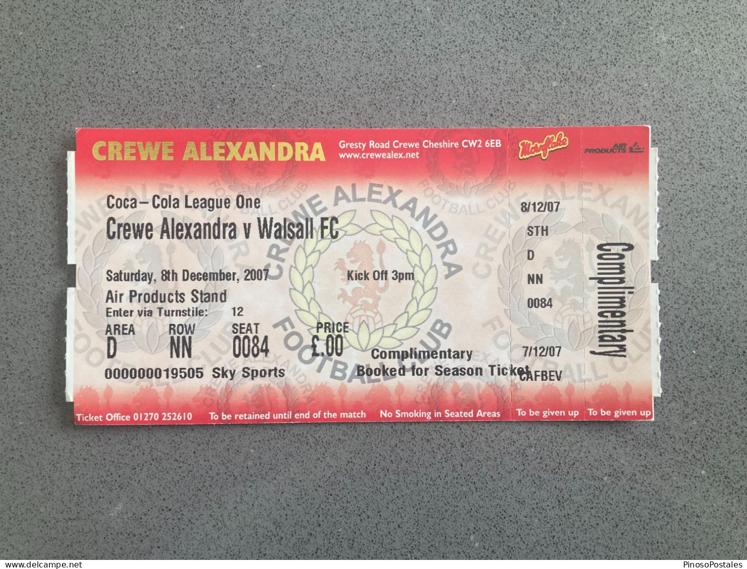 Crewe Alexandra V Walsall 2007-08 Match Ticket - Tickets & Toegangskaarten