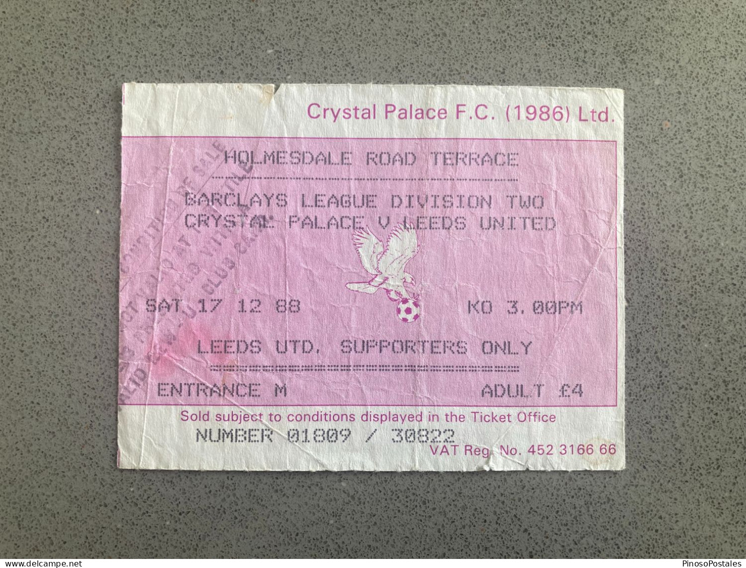 Crystal Palace V Leeds United 1988-89 Match Ticket - Tickets & Toegangskaarten