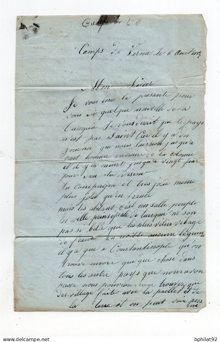 !!! CACHET ARMEE D'ORIENT BUREAU C SUR LETTRE DU CAMP DE VARNA DE 1854 TAXE 30. TEXTE INTERESSANT - Armeestempel (vor 1900)