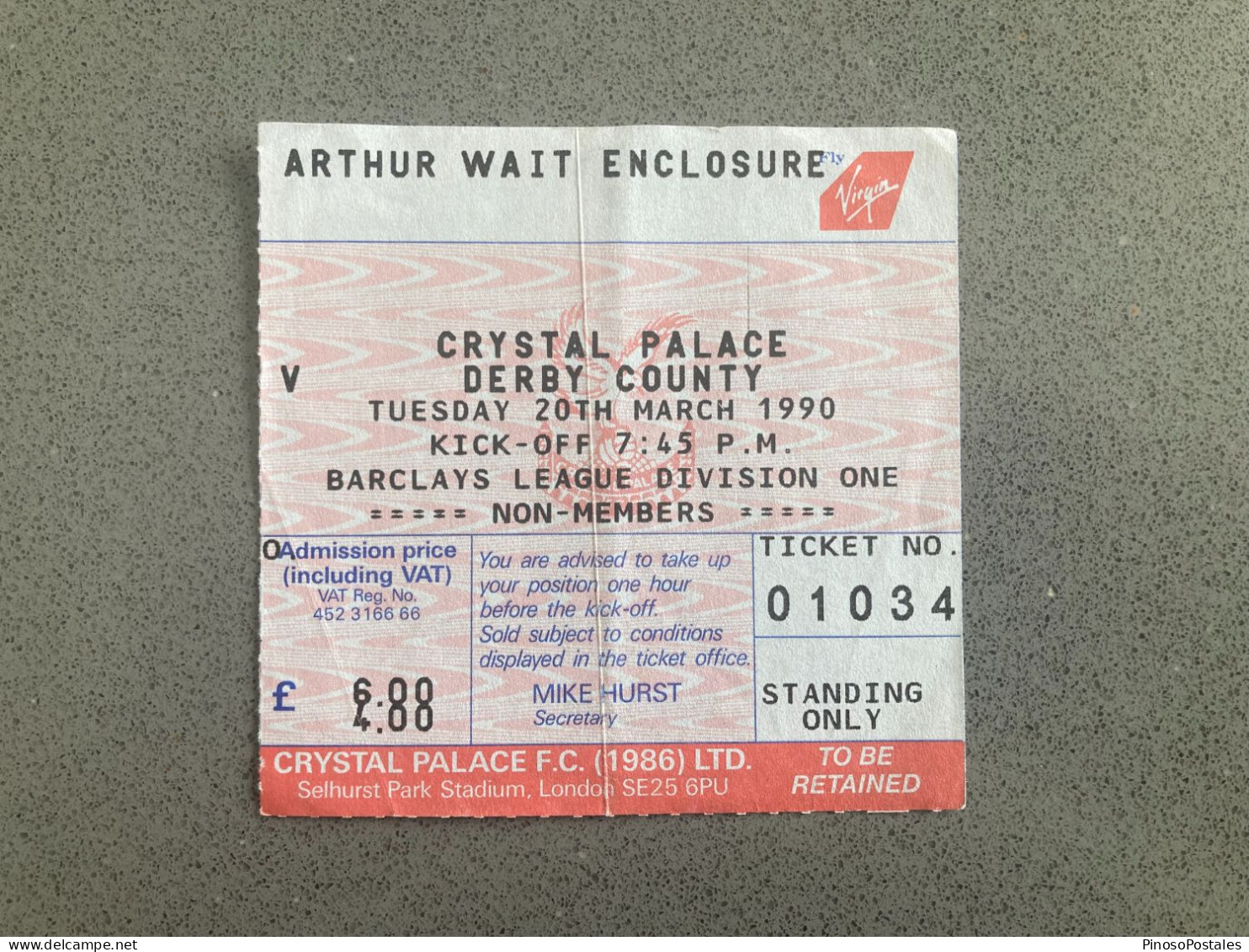 Crystal Palace V Derby County 1989-90 Match Ticket - Tickets & Toegangskaarten