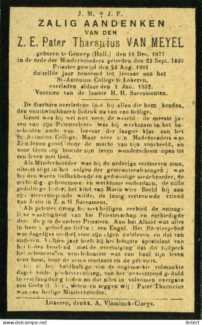 Doodsprentje Pater Tharsicius Van Meyel, Lokeren 1932 - Godsdienst & Esoterisme
