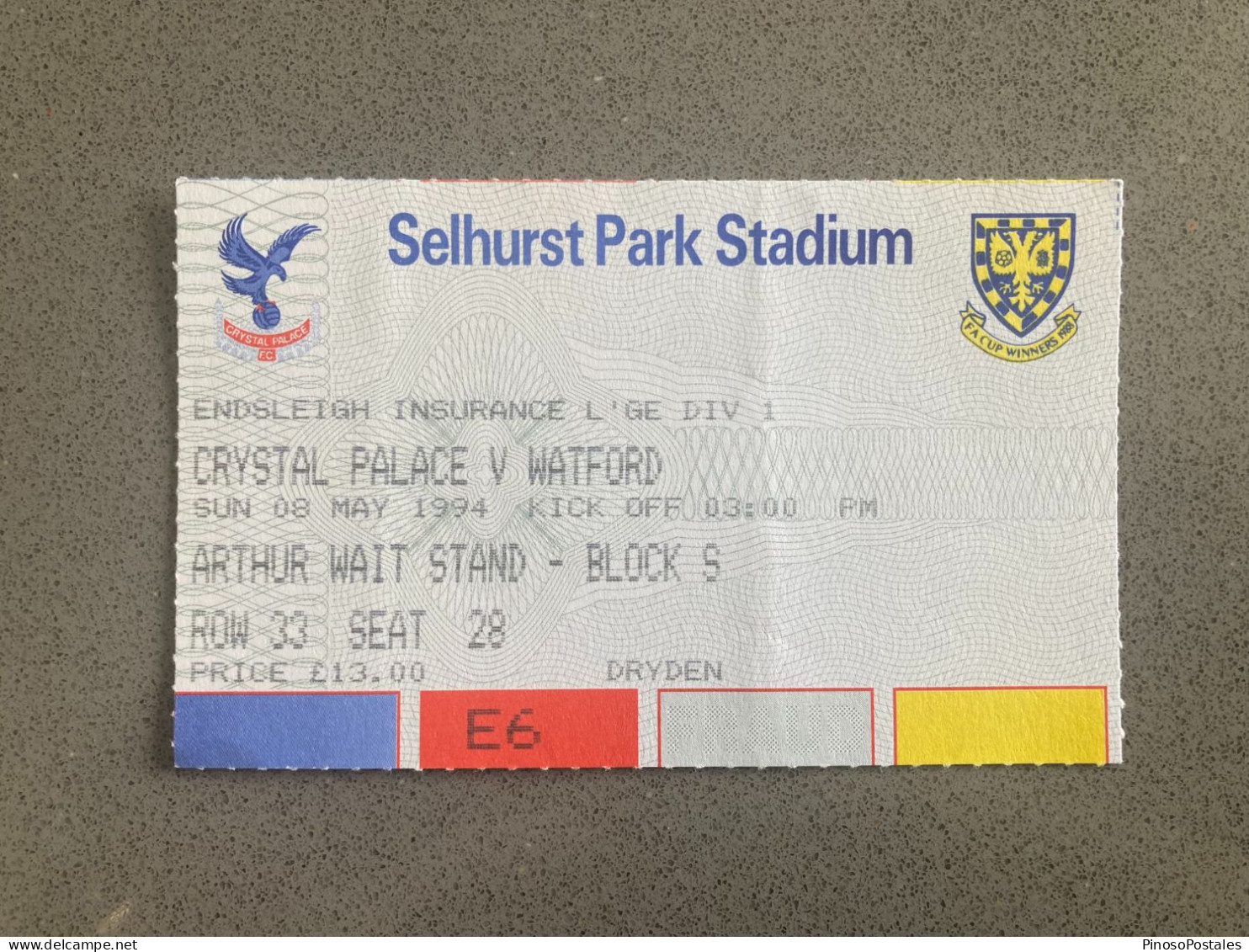 Crystal Palace V Watford 1993-94 Match Ticket - Tickets D'entrée