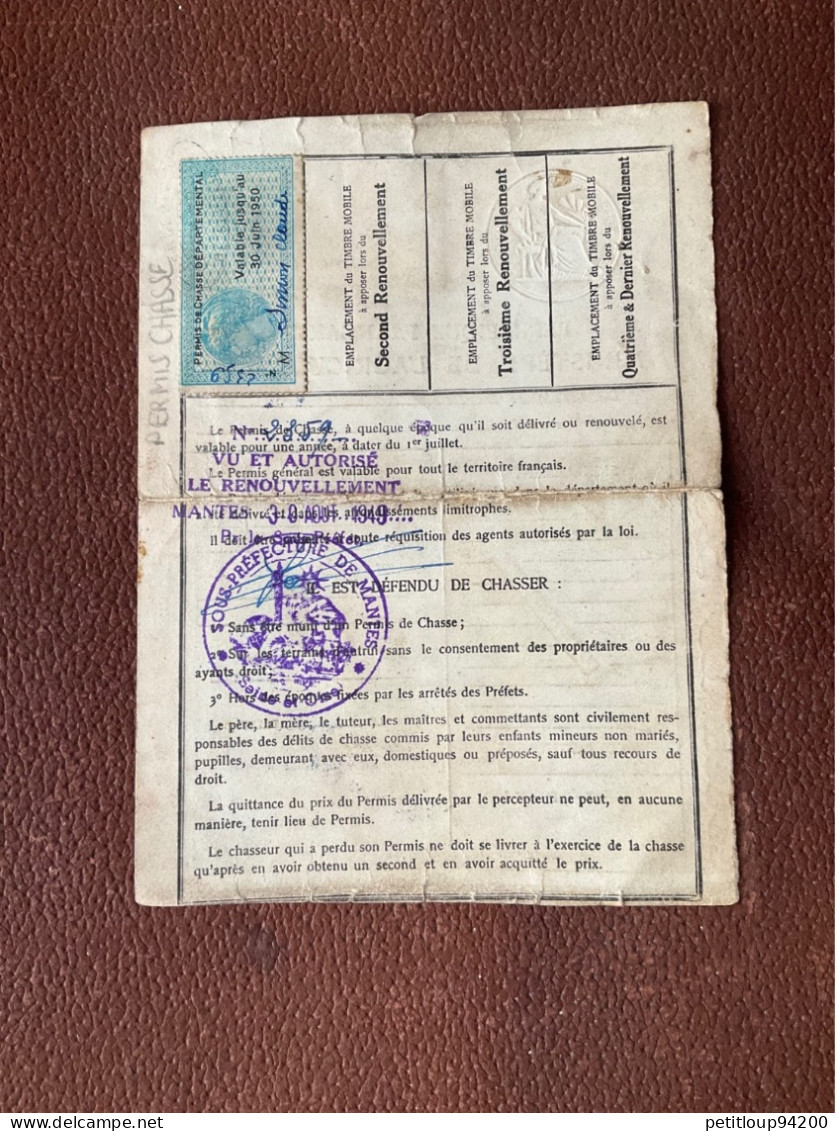 TIMBRE FISCAL 200F Sur Document  PERMIS DE CHASSE DÉPARTEMENTAL  Ministère De L’Agriculture MANTES CASSICOURT  AOÛT 1948 - Covers & Documents