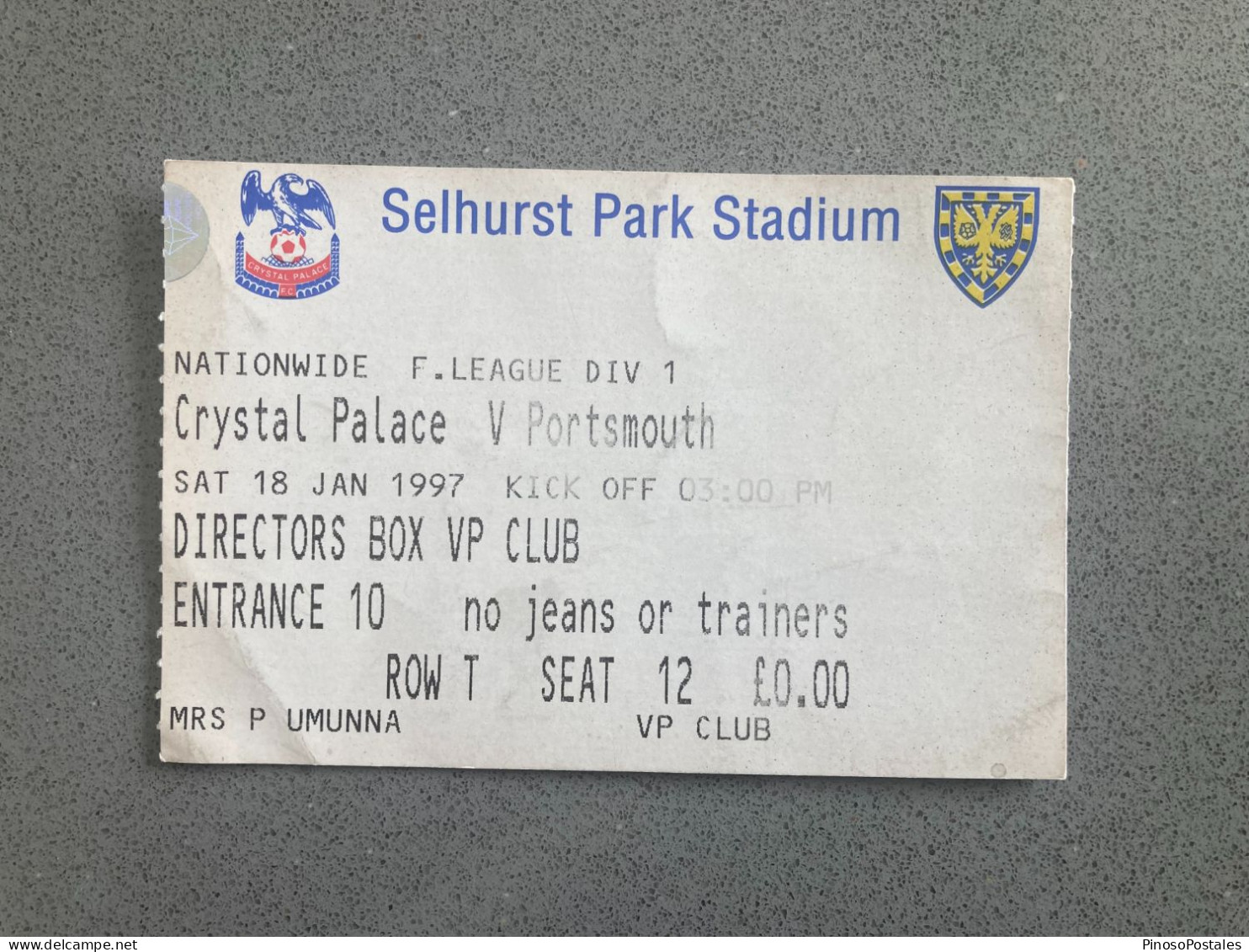 Crystal Palace V Portsmouth 1996-97 Match Ticket - Tickets & Toegangskaarten