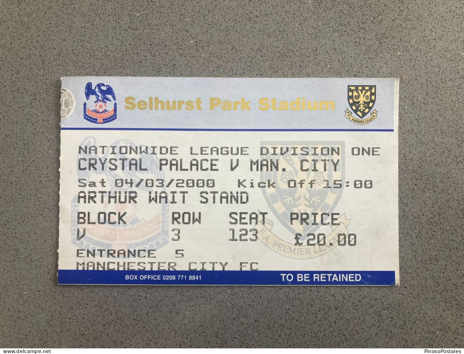 Crystal Palace V Manchester City 1999-00 Match Ticket - Biglietti D'ingresso