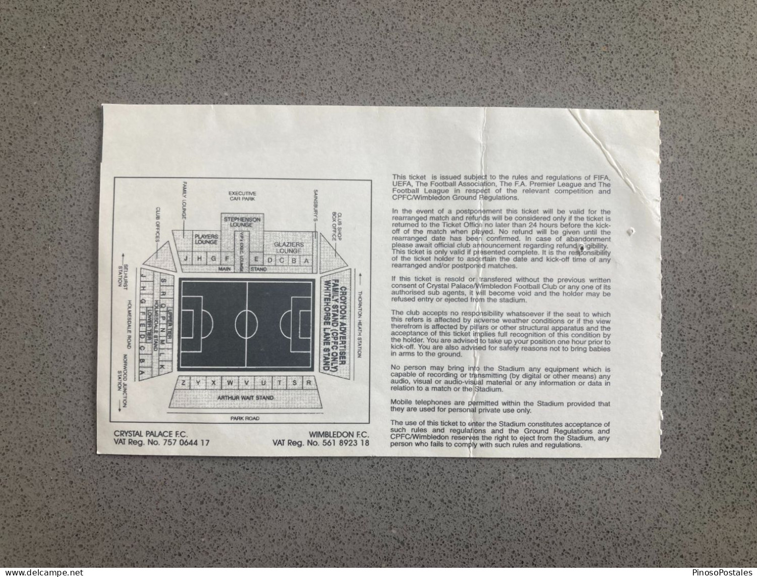 Crystal Palace V Manchester City 2000-01 Match Ticket - Tickets D'entrée