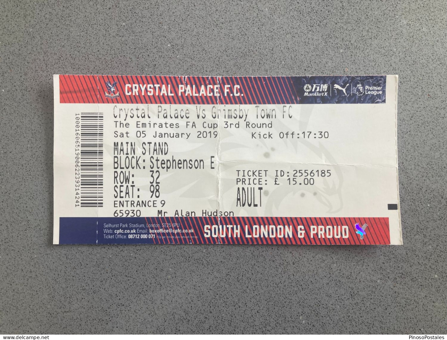 Crystal Palace V Grimsby Town 2018-19 Match Ticket - Tickets & Toegangskaarten
