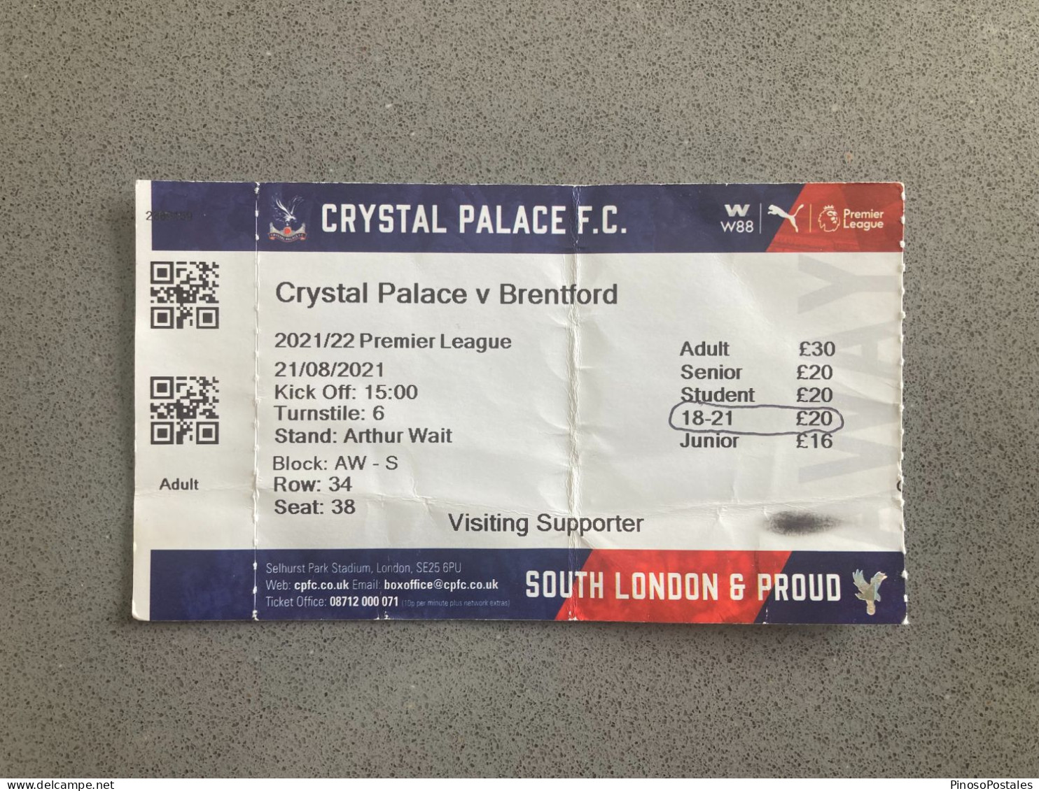 Crystal Palace V Brentford 2021-22 Match Ticket - Eintrittskarten