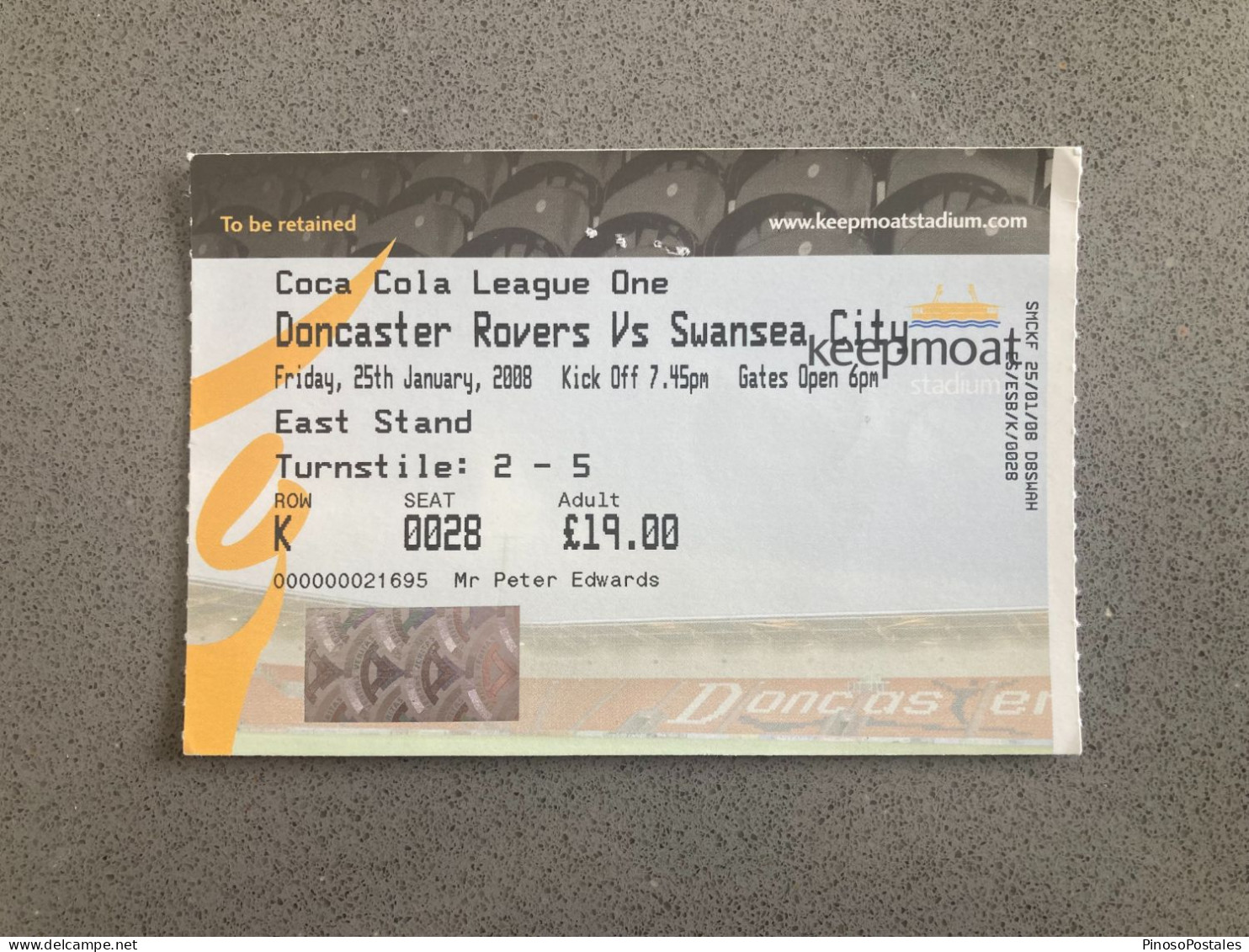 Doncaster Rovers V Swansea City 2007-08 Match Ticket - Tickets & Toegangskaarten