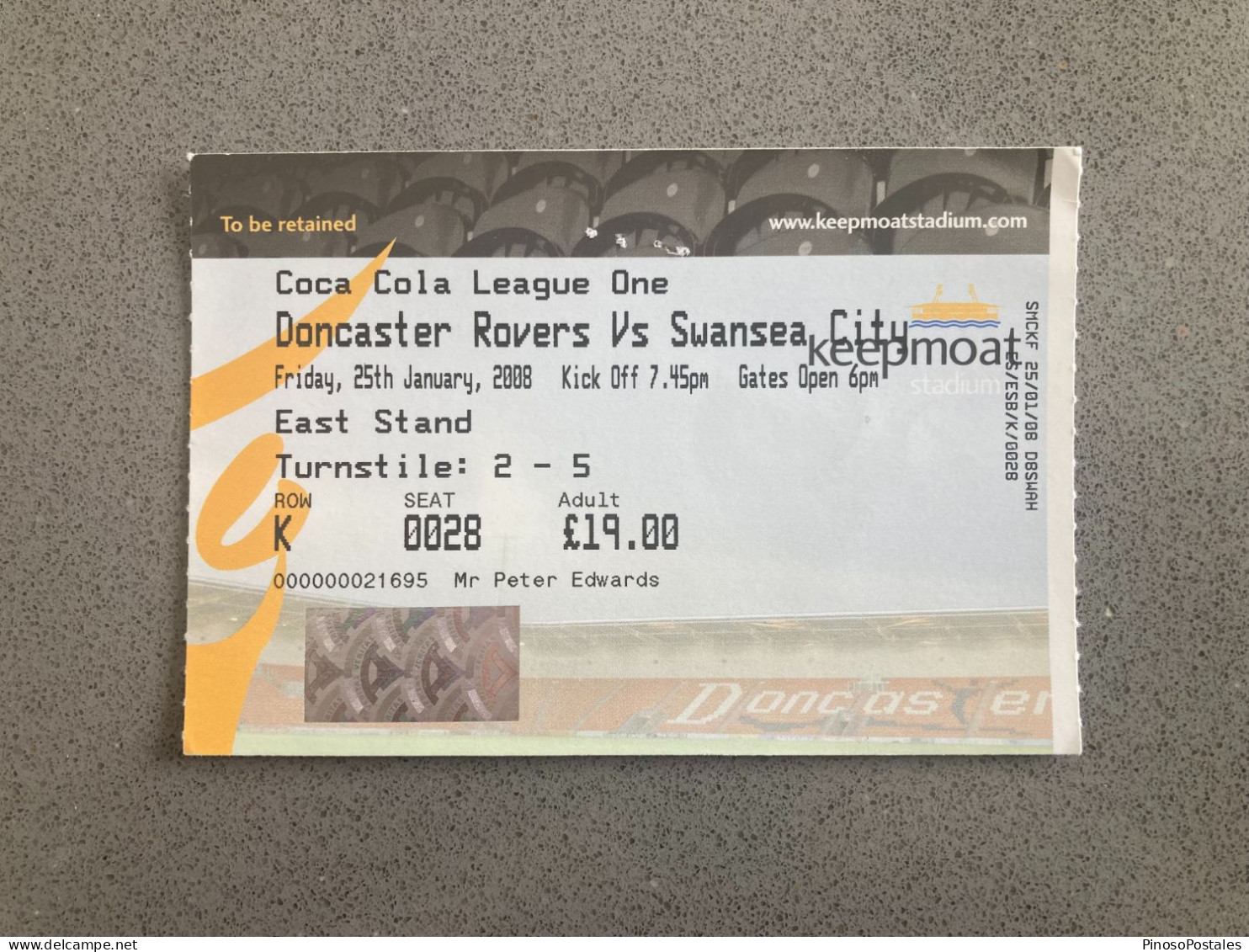 Doncaster Rovers V Swansea City 2007-08 Match Ticket - Biglietti D'ingresso