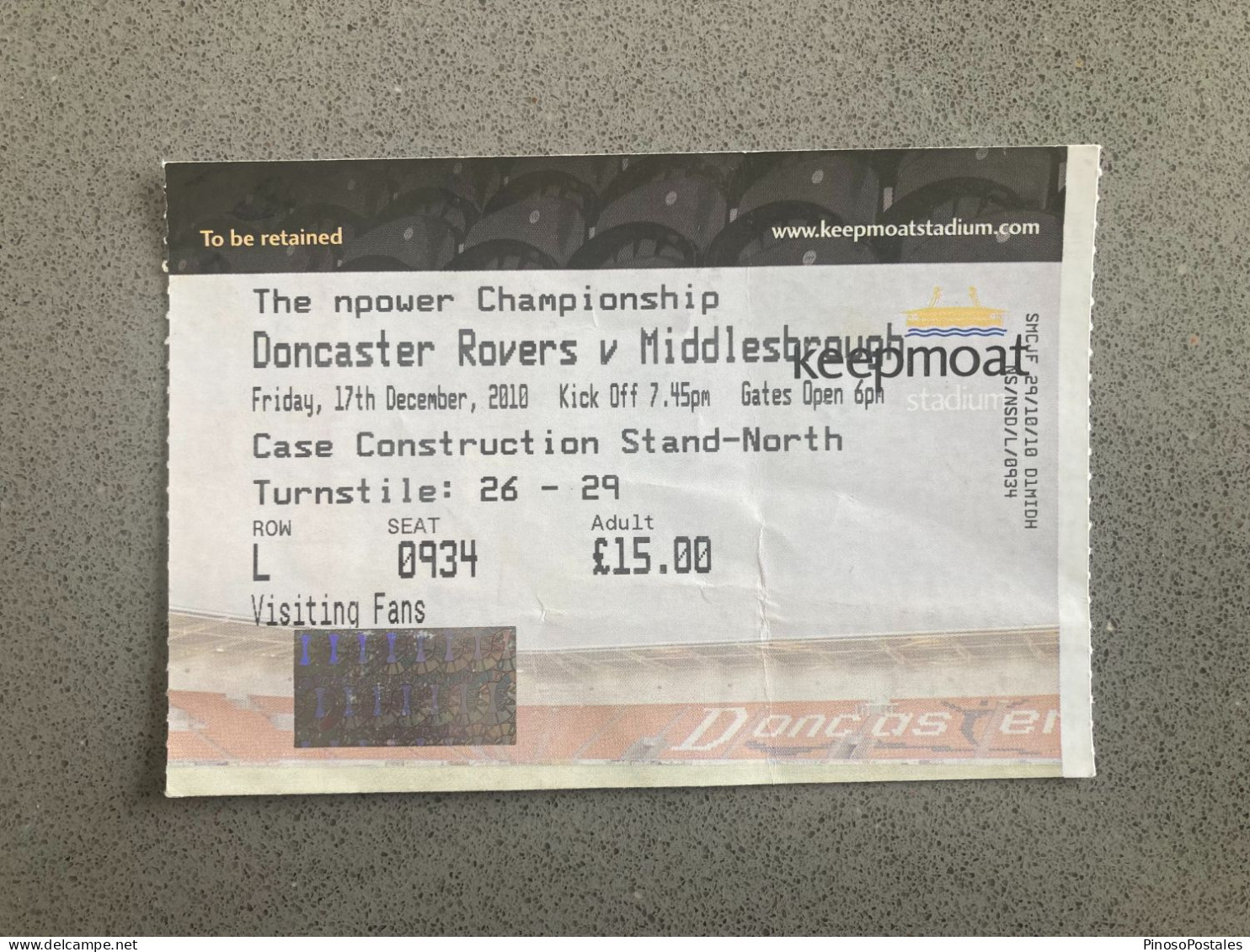 Doncaster Rovers V Middlesbrough 2010-11 Match Ticket - Match Tickets
