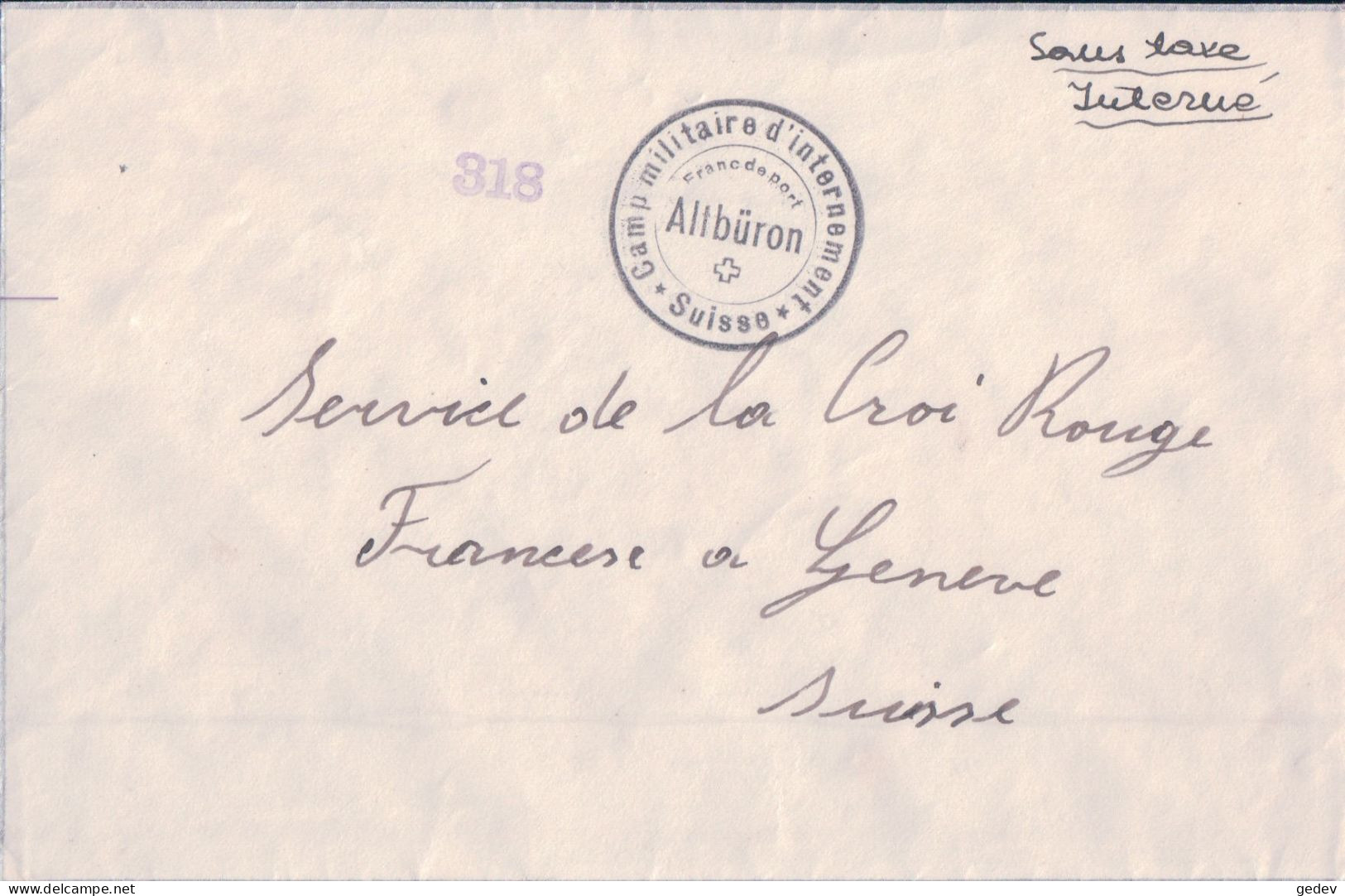 Altbüron LU - Croix Rouge, Cachet Camp Militaire D'Internement Pour Prisonniers De Guerre En Suisse Sur Lettre (240) - Dokumente