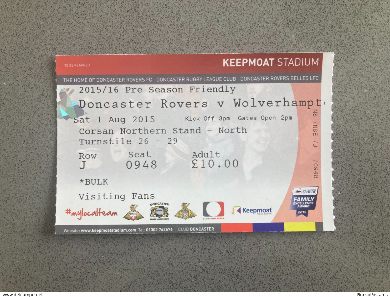 Doncaster Rovers V Wolverhampton Wanderers 2015-16 Match Ticket - Match Tickets