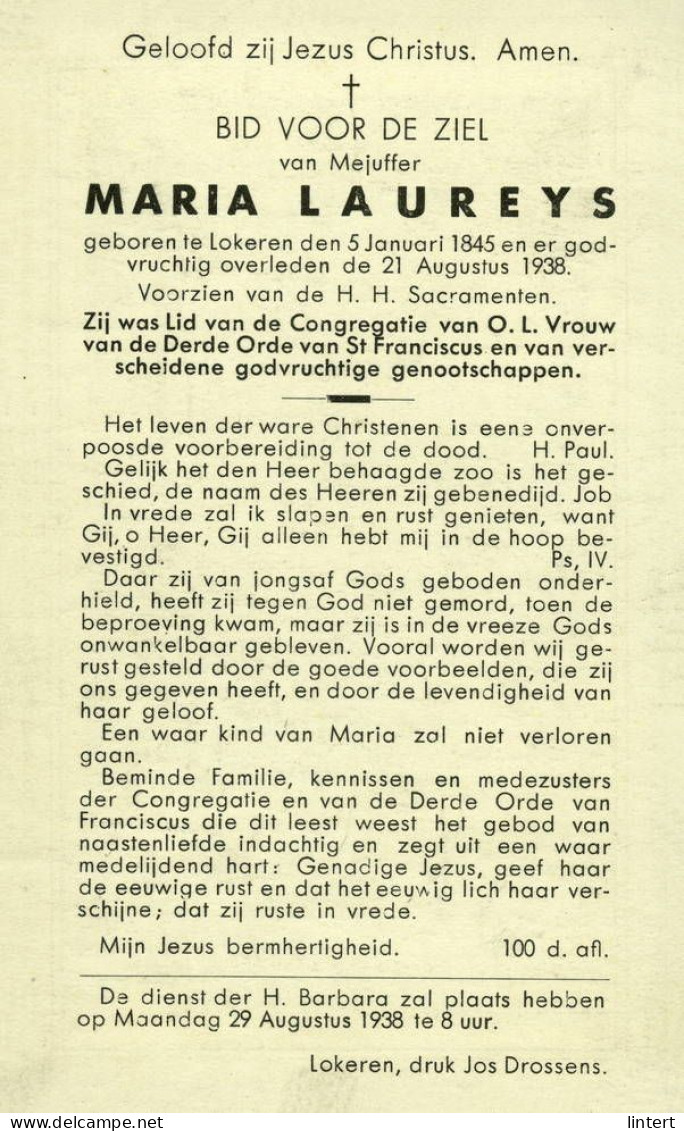 Doodsprentje Maria Laureys, Lokeren 1938 - Godsdienst & Esoterisme