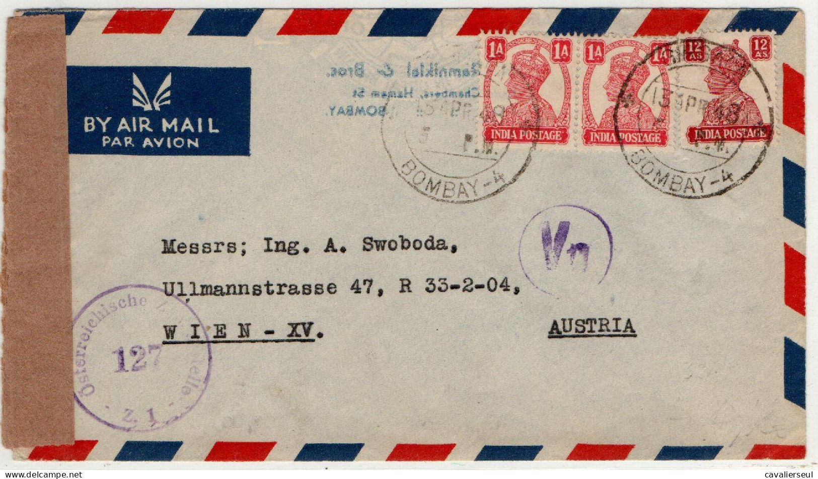 LSC -  BOMBAY Pour VIENNE - 13 APR. 48 - 1936-47 Koning George VI
