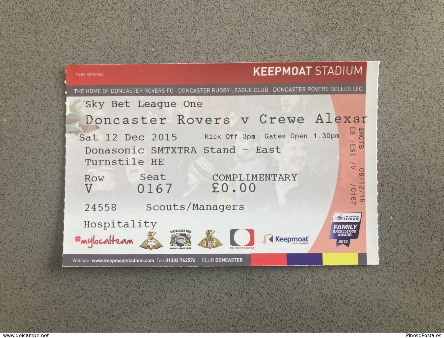 Doncaster Rovers V Crewe Alexandra 2015-16 Match Ticket - Tickets & Toegangskaarten