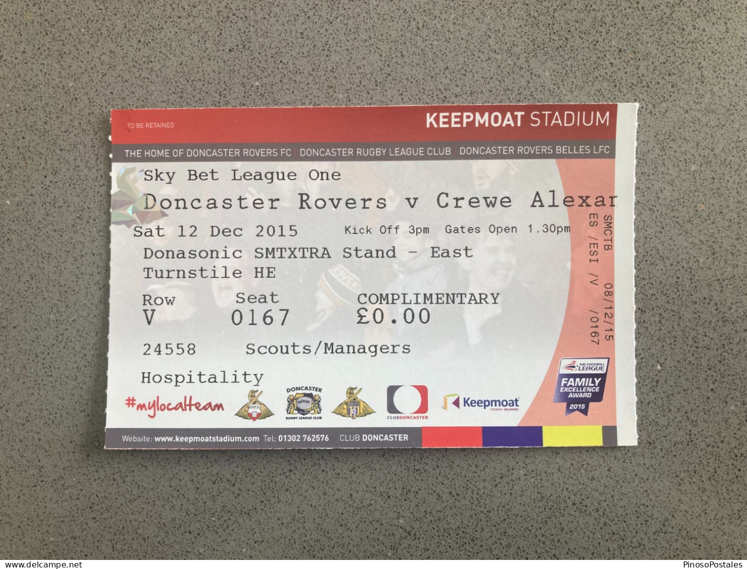 Doncaster Rovers V Crewe Alexandra 2015-16 Match Ticket - Biglietti D'ingresso