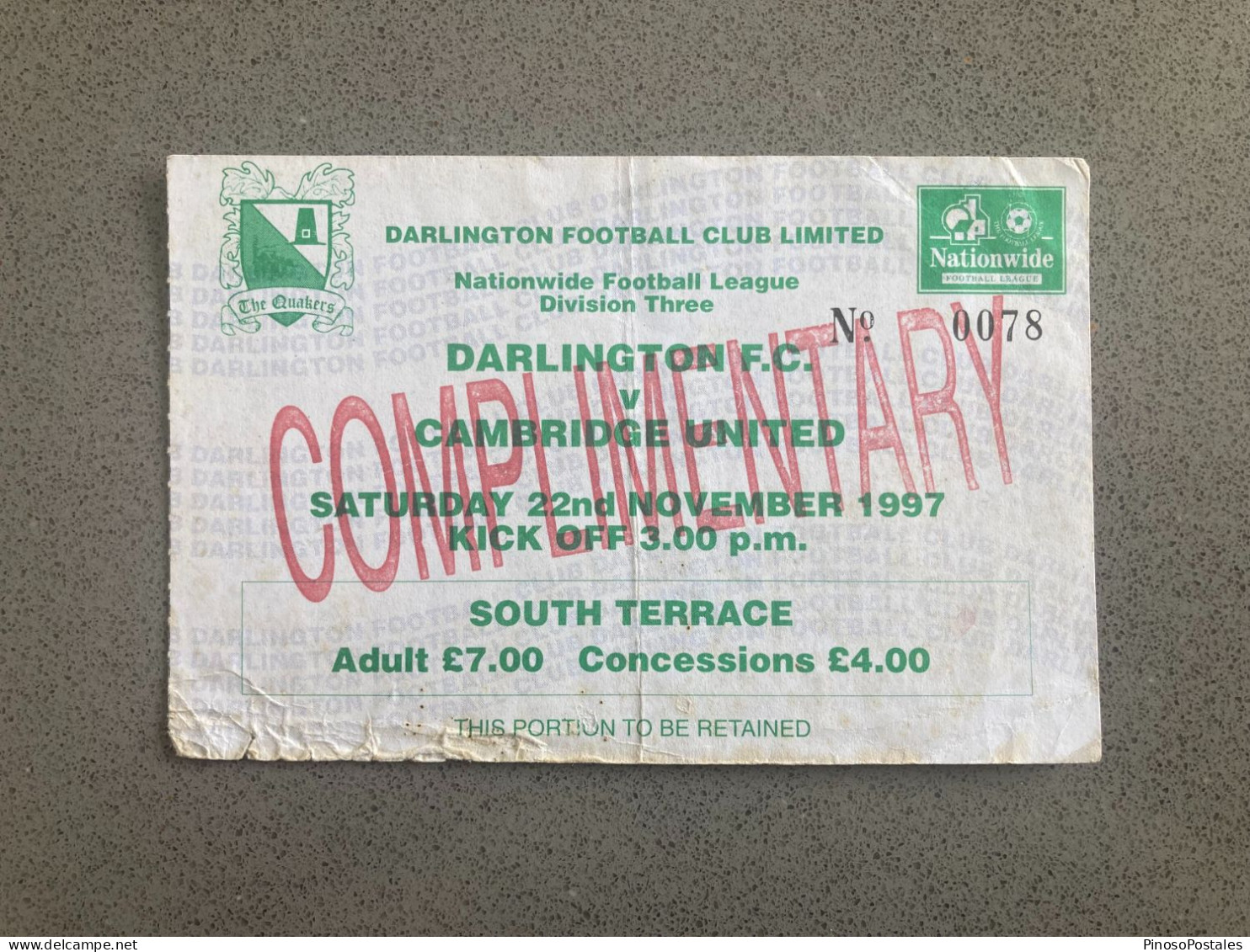 Darlington V Cambridge United 1997-98 Match Ticket - Eintrittskarten