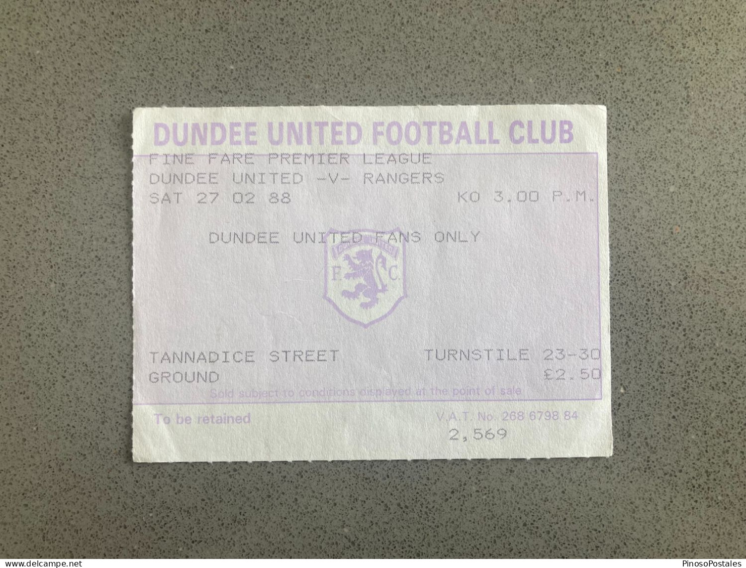 Dundee United V Rangers 1987-88 Match Ticket - Tickets & Toegangskaarten