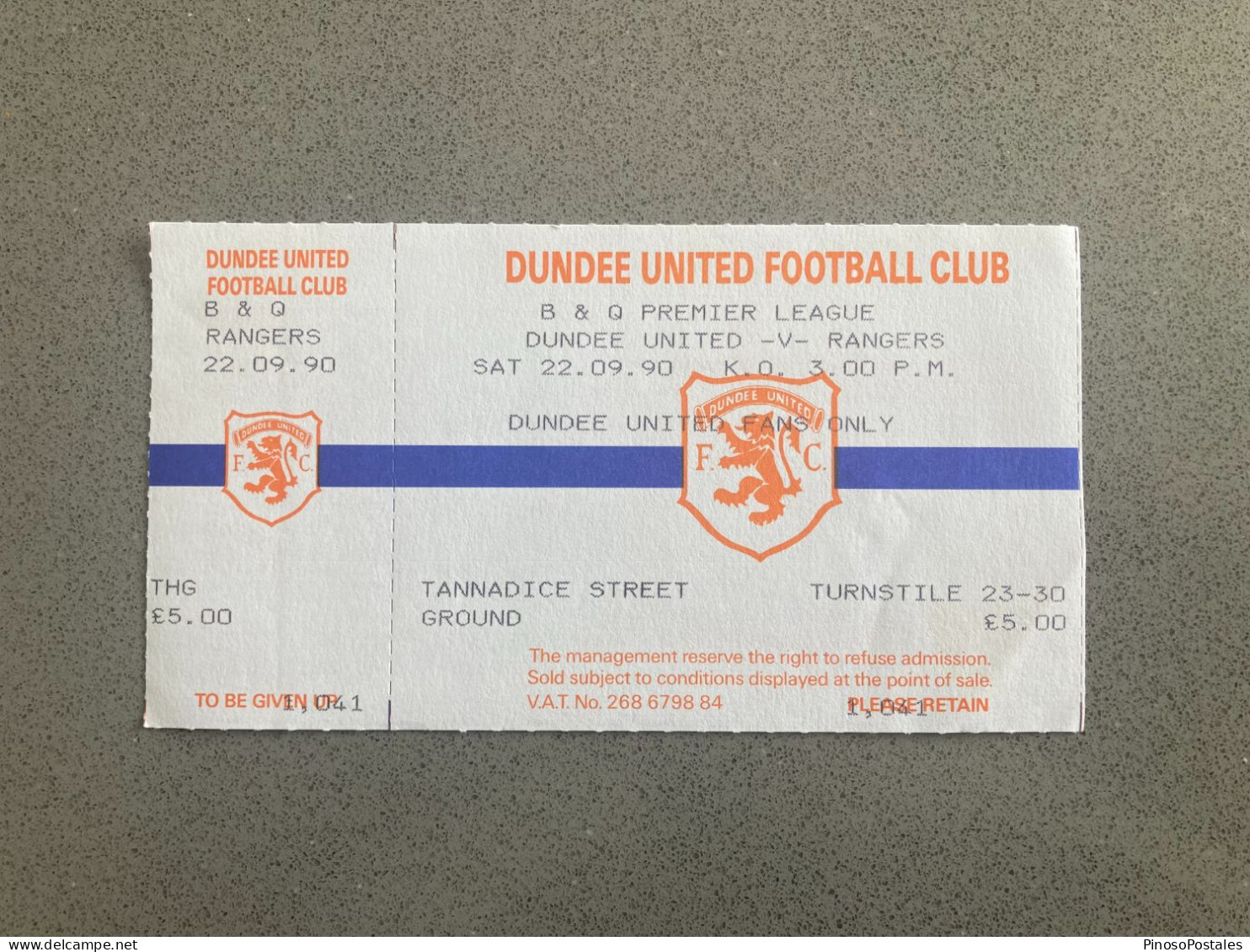 Dundee United V Rangers 1990-91 Match Ticket - Tickets D'entrée