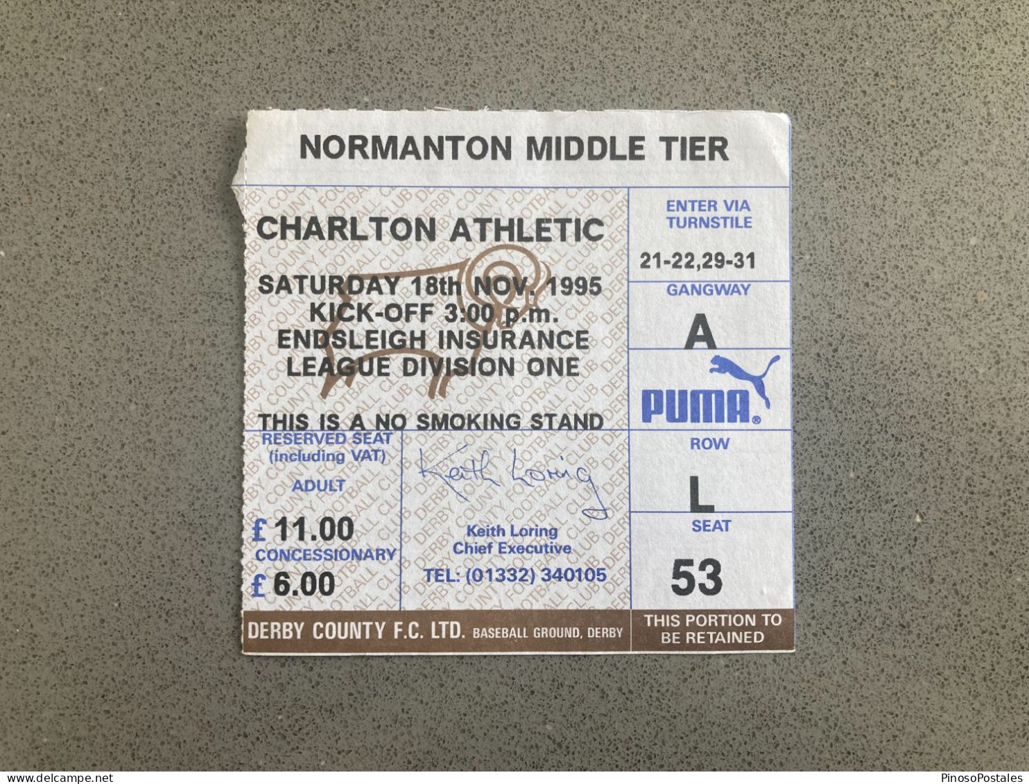 Derby County V Charlton Athletic 1995-96 Match Ticket - Tickets & Toegangskaarten