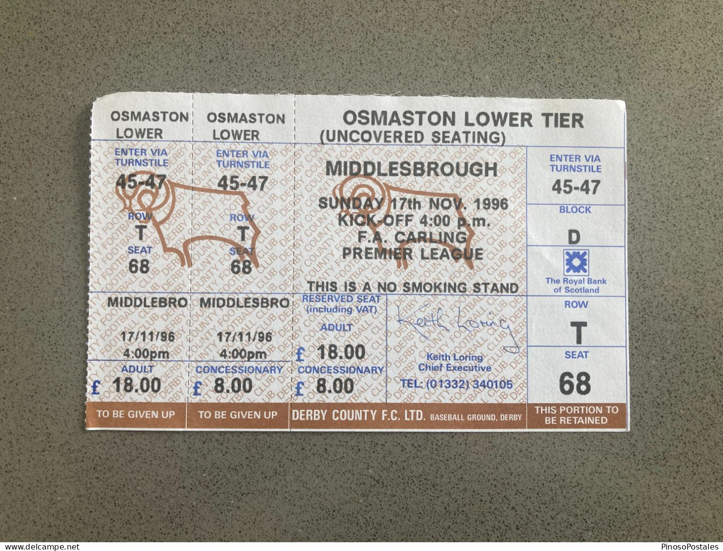 Derby County V Middlesbrough 1996-97 Match Ticket - Eintrittskarten