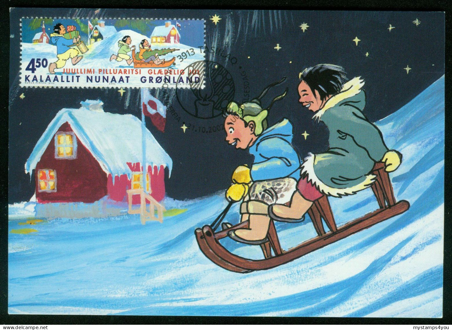 Mk Greenland Maximum Card 2002 MiNr 389 | Christmas. Man Carrying Gifts And Children On Sledge #max-2002 - Maximumkarten (MC)