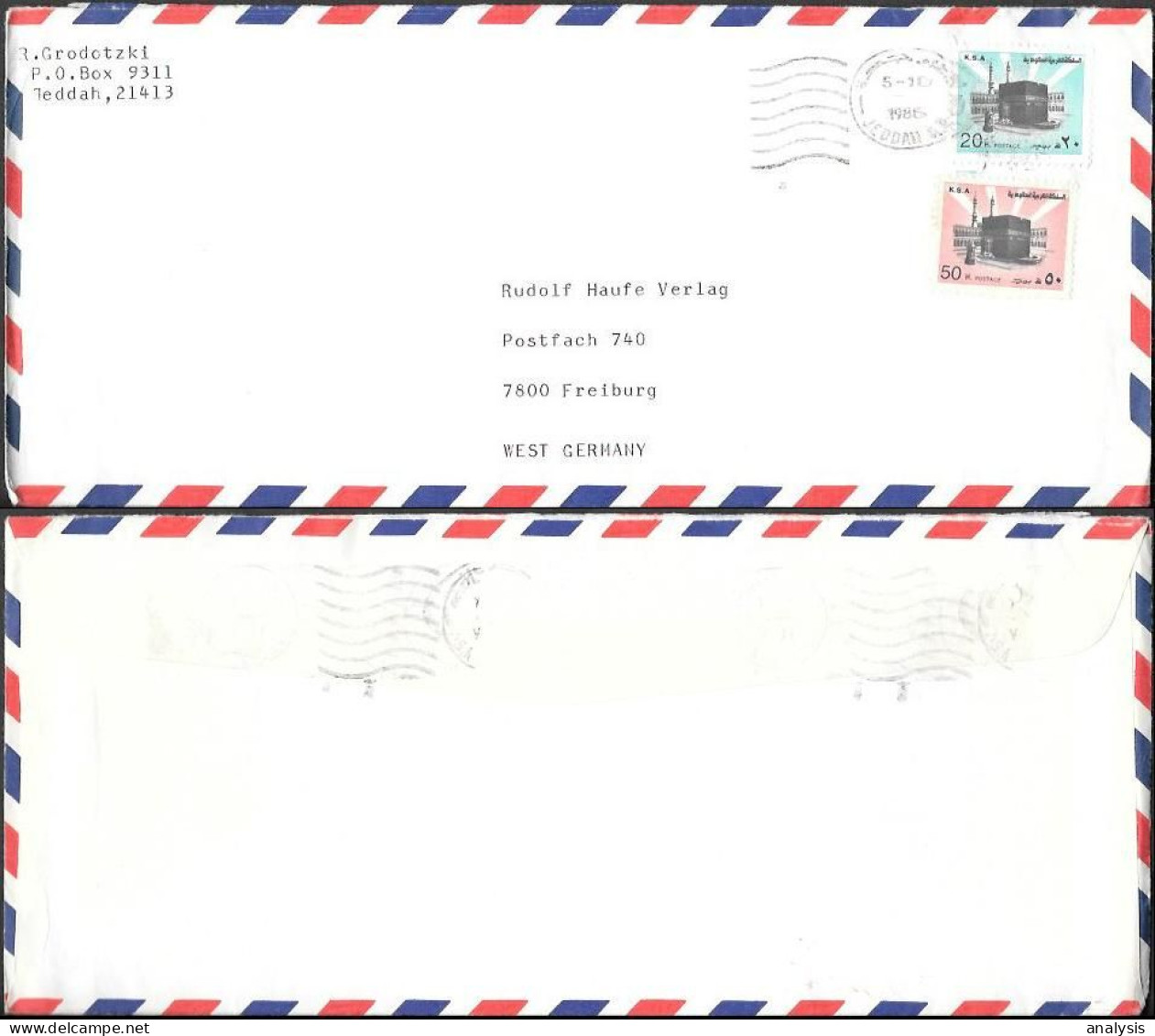 Saudi Arabia Jeddah Cover Mailed To Germany 1986. 70H Rate Mecca Kaaba Mosque Stamps - Saudi Arabia