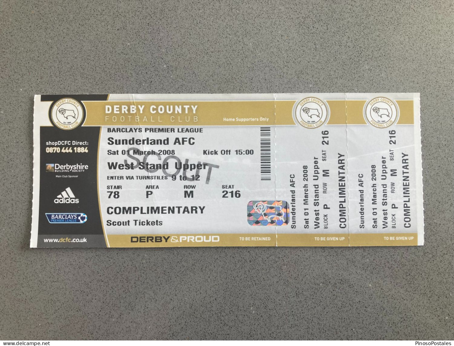 Derby County V Sunderland 2007-08 Match Ticket - Match Tickets