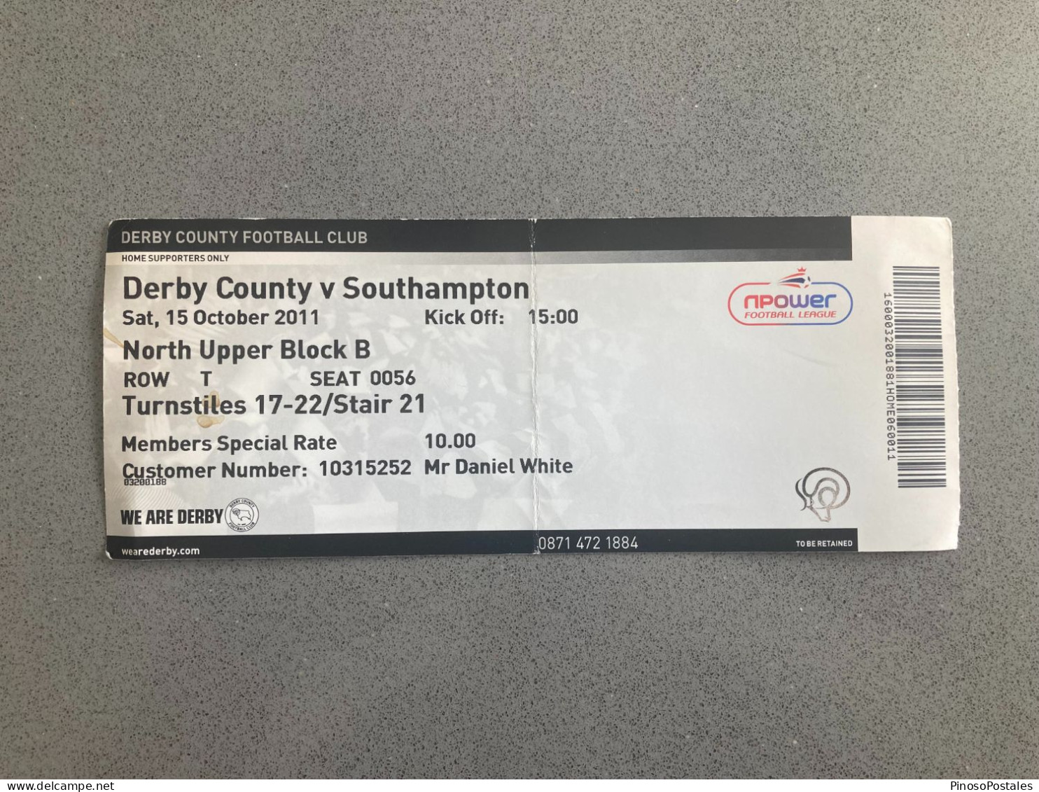 Derby County V Southampton 2011-12 Match Ticket - Tickets D'entrée