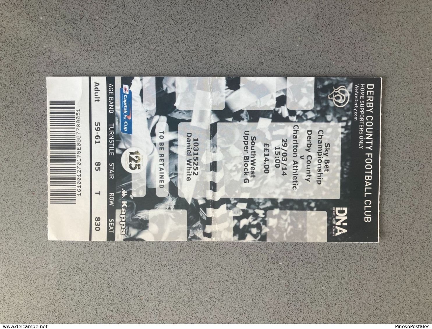 Derby County V Charlton Athletic 2013-14 Match Ticket - Tickets D'entrée
