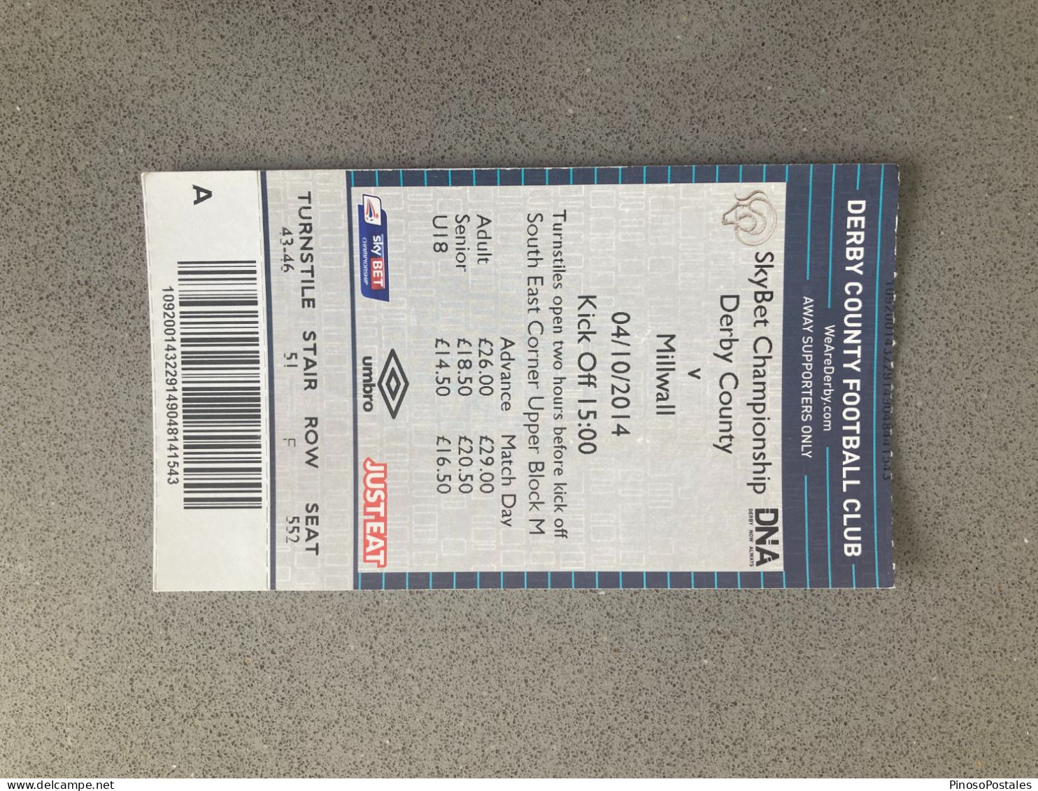 Derby County V Millwall 2014-15 Match Ticket - Tickets - Entradas