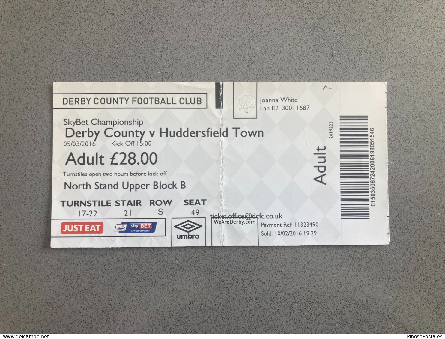 Derby County V Huddersfield Town 2015-16 Match Ticket - Tickets D'entrée