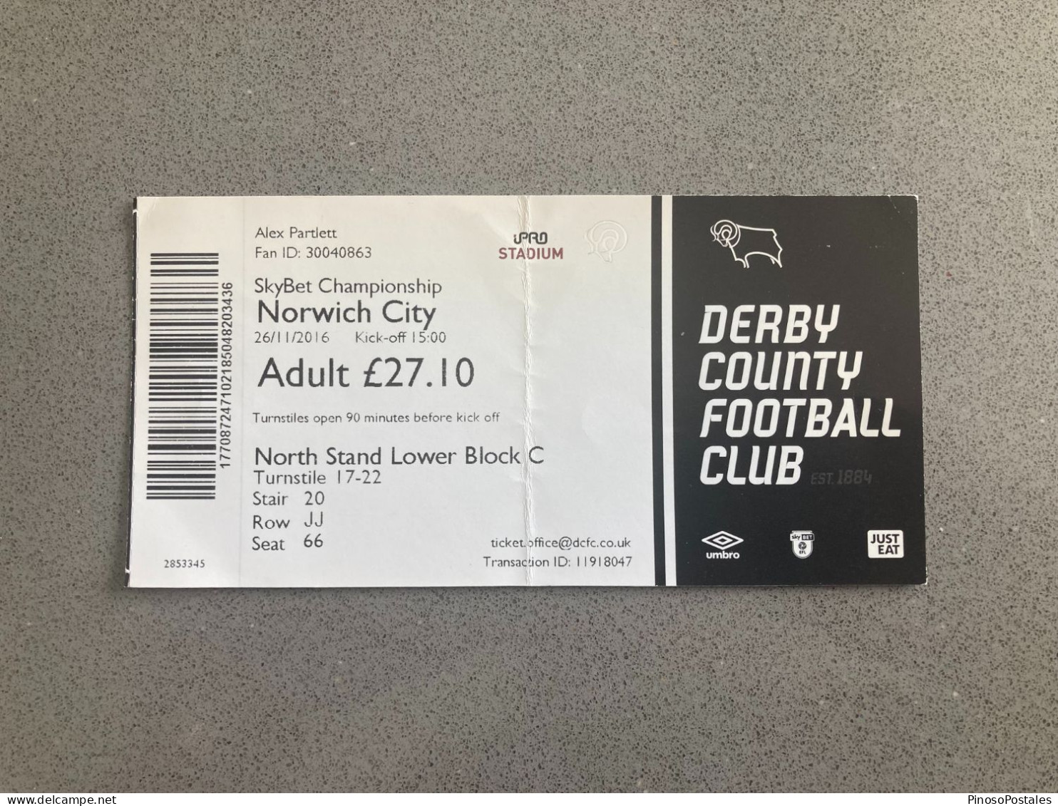 Derby County V Norwich City 2016-17 Match Ticket - Eintrittskarten