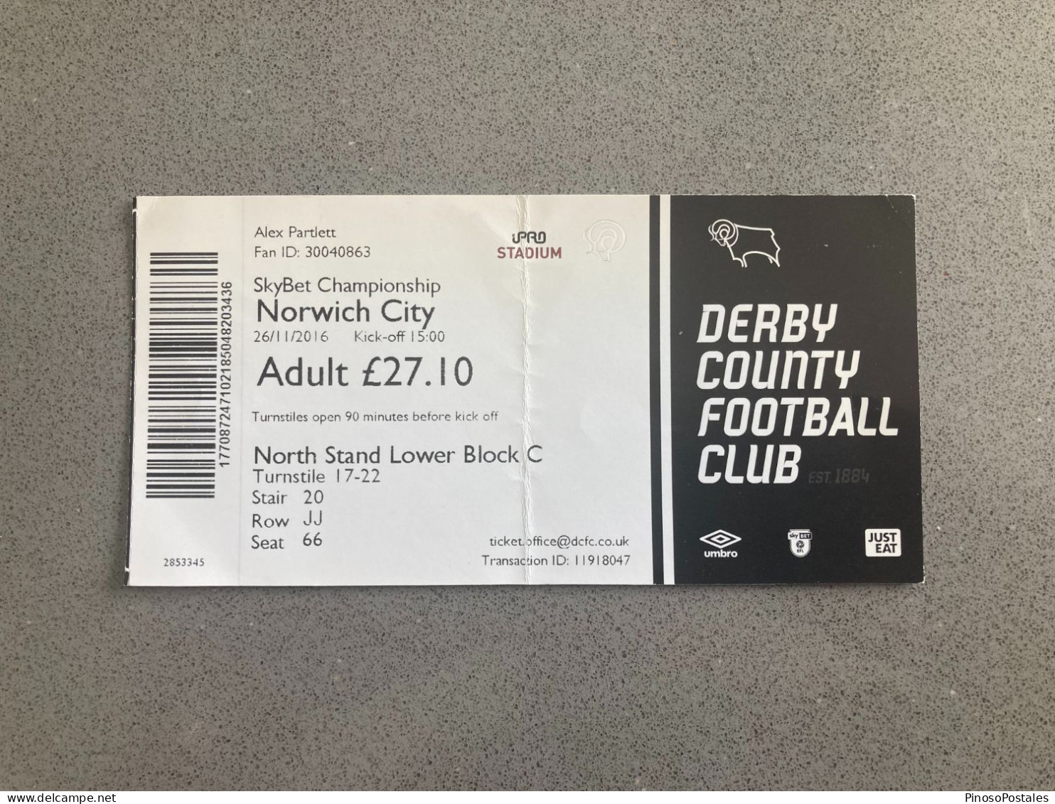 Derby County V Norwich City 2016-17 Match Ticket - Biglietti D'ingresso