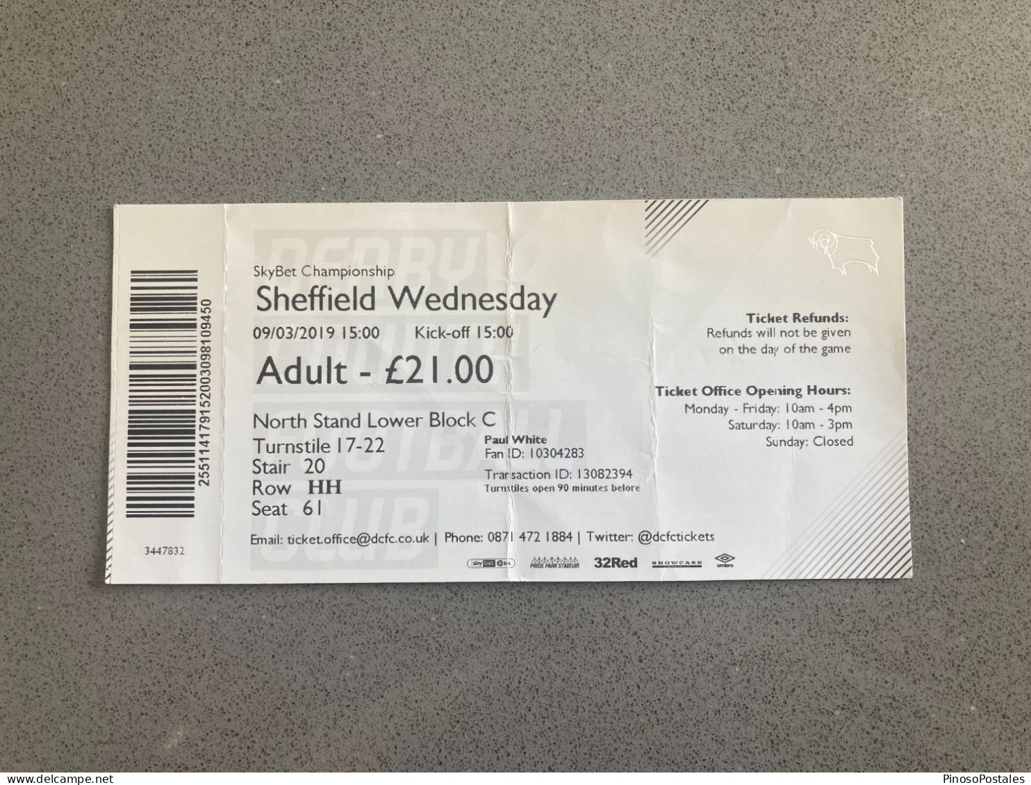 Derby County V Sheffield Wednesday 2018-19 Match Ticket - Match Tickets