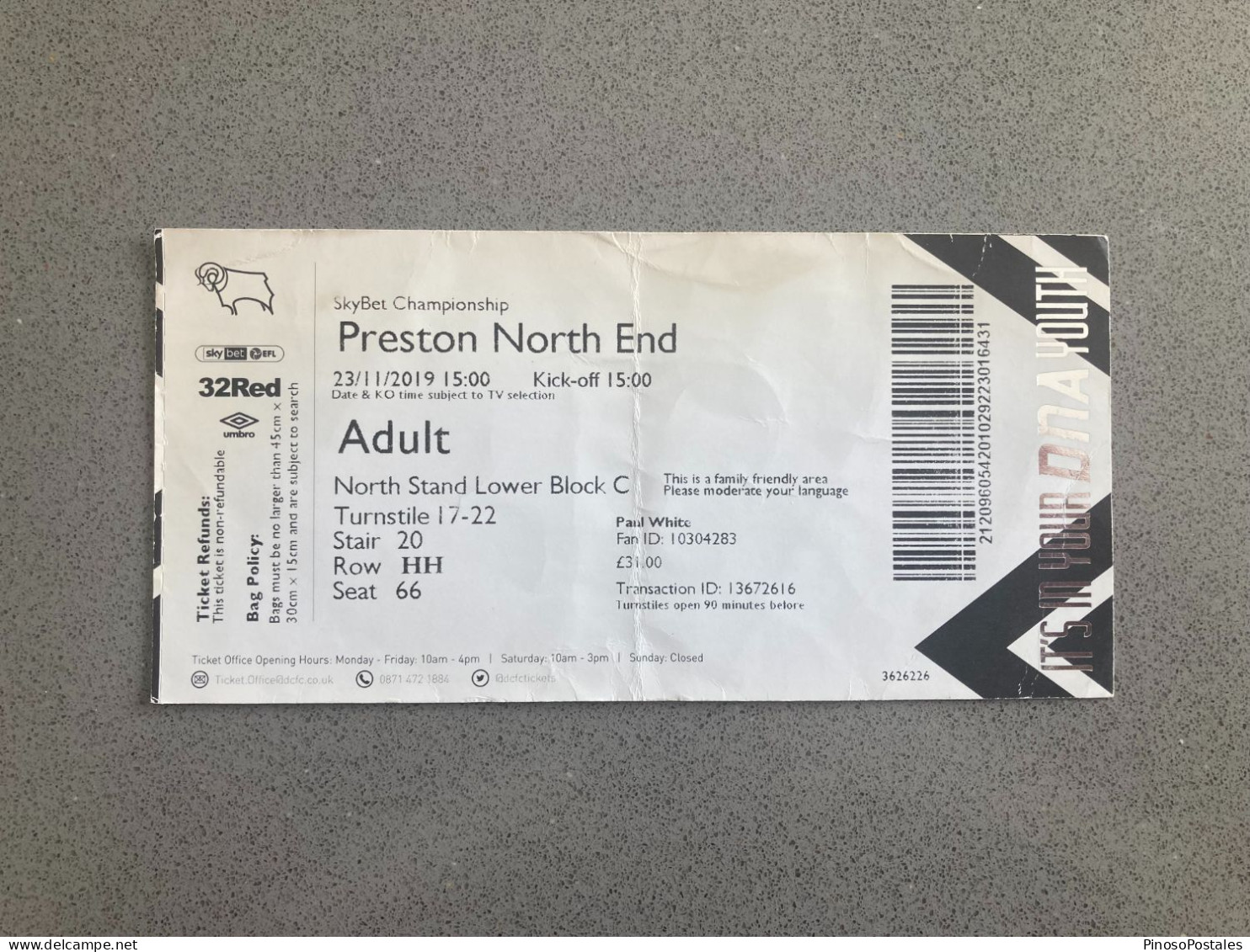 Derby County V Preston North End 2019-20 Match Ticket - Tickets & Toegangskaarten