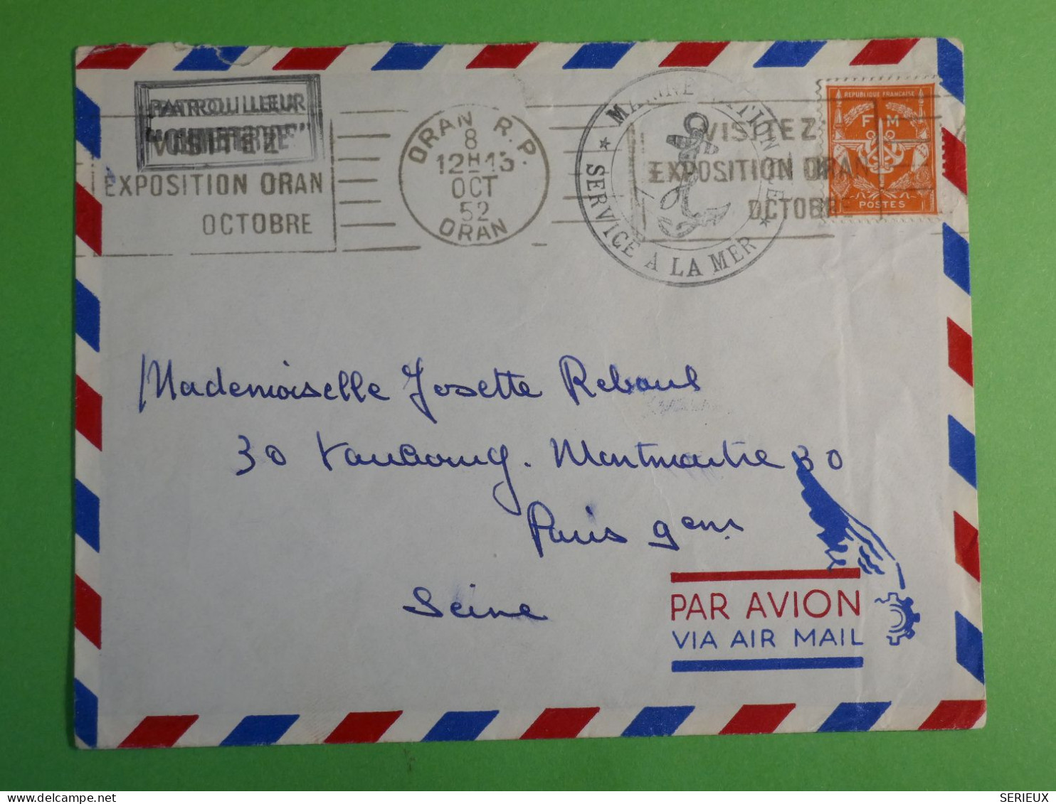 DN1 ALGERIE  LETTRE 1952     ORAN A PARIS FRANCE   ++AFF. INTERESSANT +++ - Brieven En Documenten