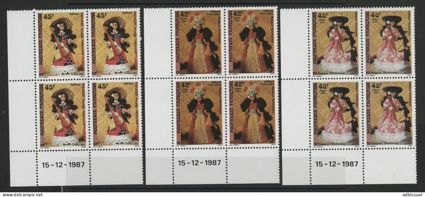 POLYNESIE N° 307 à 308 Blocs De Quatre Neufs ** (MNH) Avec Coin Daté 15/12/1987 TB - Unused Stamps