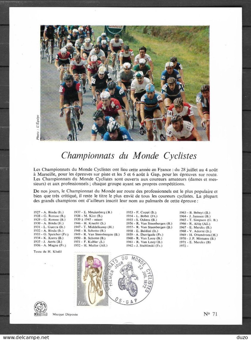 1◙  France - Championnat Du Monde Sur Route - Cyclisme - FDC - Gap 22 Juillet 1972. - Ciclismo