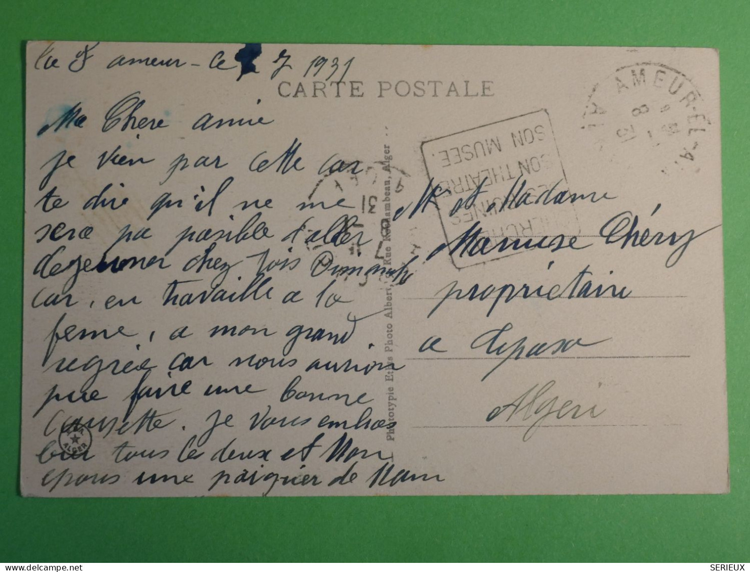 DN1 ALGERIE CARTE 1931 MARENGO A TIPASA ++AFF. INTERESSANT +++ - Covers & Documents