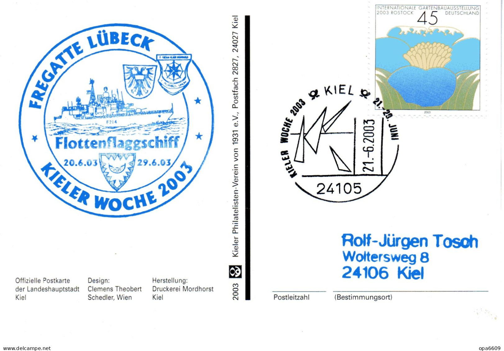 (Freg3)BRD Cachet-Sonderkarte KIELER WOCHE, FREGATTE "LÜBECK" F214 KIELER WOCHE 2003" EF BRD SSt 21.6.03 KIEL - Barche