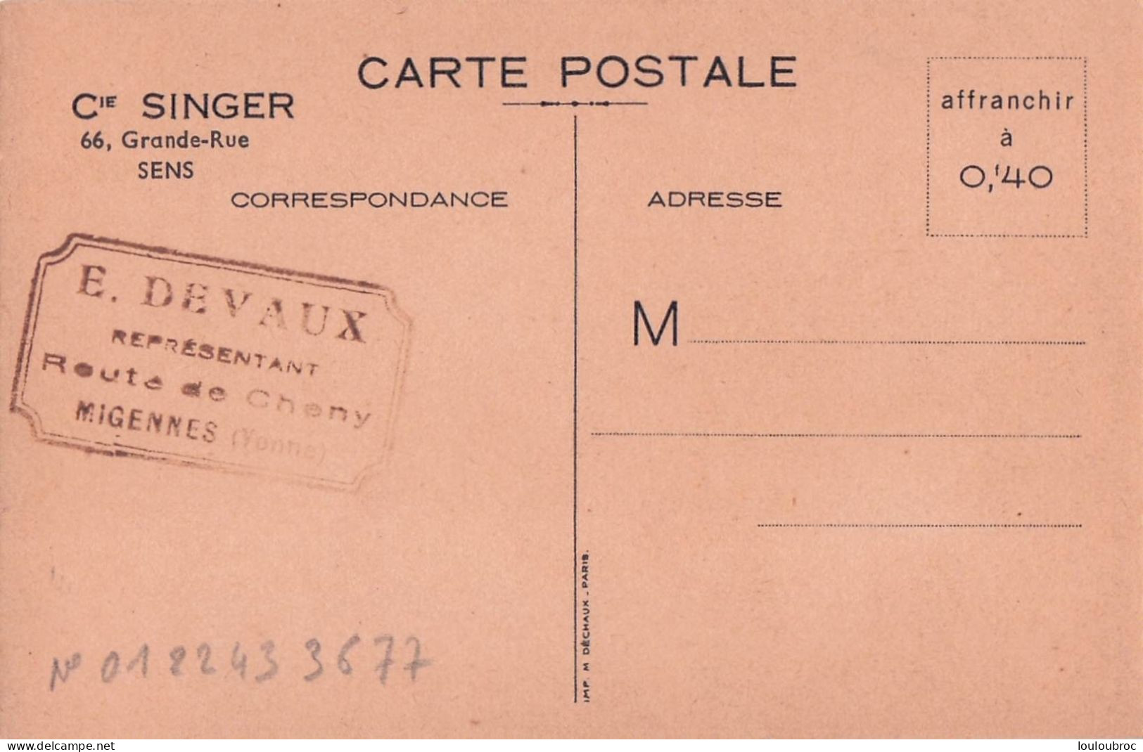 PUBLICITE SINGER AVEC CACHET AU VERSO  COMMERCE E. DEVAUX A MIGENNES - Publicidad