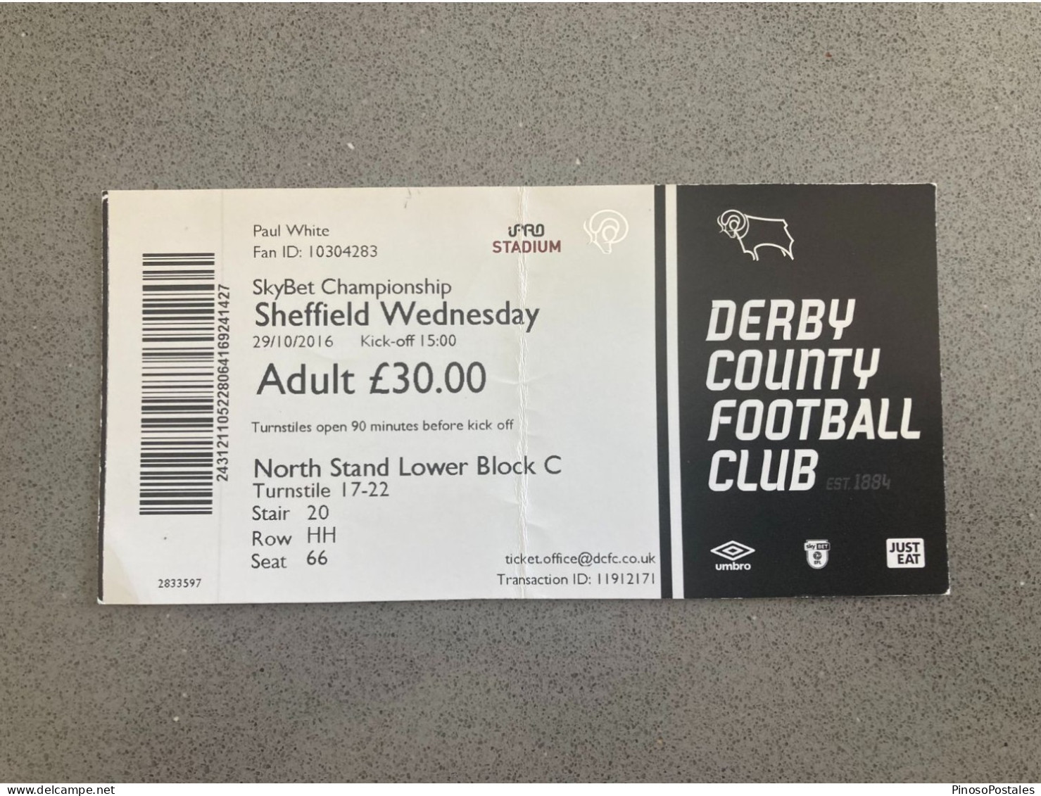 Derby County V Sheffield Wednesday 2016-17 Match Ticket - Eintrittskarten